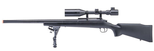 Double Eagle M61 black bolt action airsoft sniper rifle with bipod and scope mount