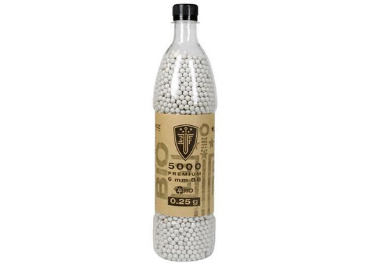 Elite Force 0.25g Biodegradable Airsoft BBs in 5000-round white bottle – eco-friendly 6mm BBs for outdoor play.