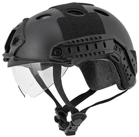 Emersongear PJ Type Basic Helmet with Visor in Black – Front view showing sleek, tactical design and adjustable chin strap