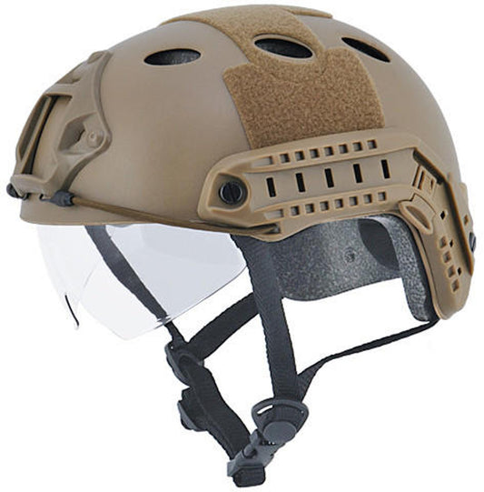 Emersongear PJ Type Basic Helmet with Visor in Dark Earth – Front view showcasing the sleek design and adjustable chin strap