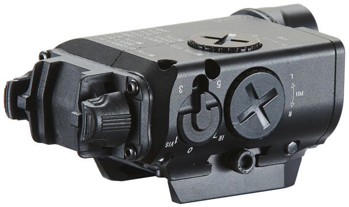 FMA Lab XVL2 IRC IR LED Flashlight and Laser, Black right angel view showing side and back controllers and switches 