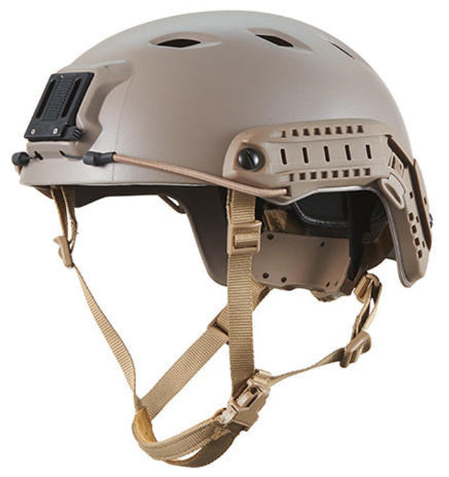 Side view of the FMA Labs ACH Base Jump Helmet L/XL in Tan showing tactical design and adjustable fit.