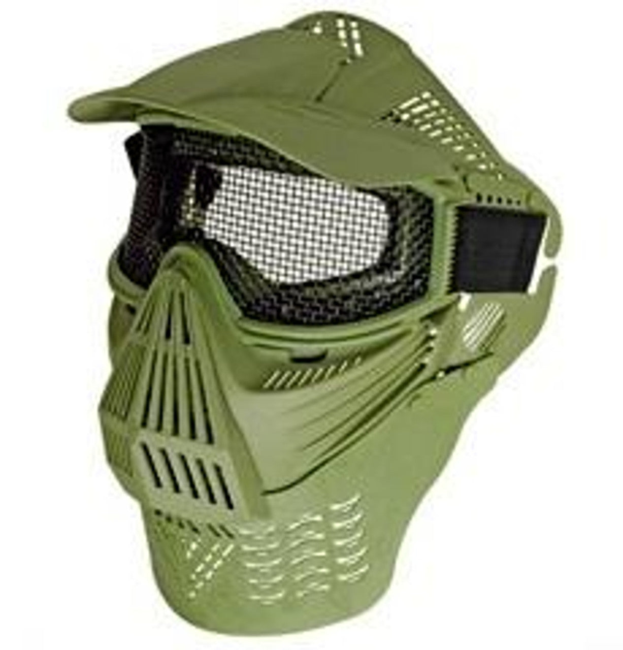 Green full face mask with mesh goggles and detachable neck protector, designed for airsoft and paintball. Features fog-free goggles and durable construction for maximum protection.