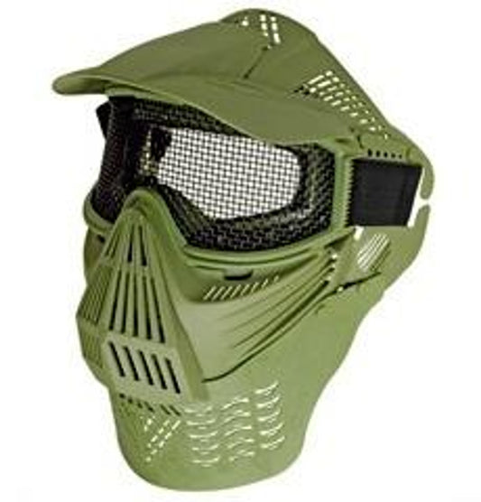 Green full face mask with mesh goggles and detachable neck protector, designed for airsoft and paintball. Features fog-free goggles and durable construction for maximum protection.