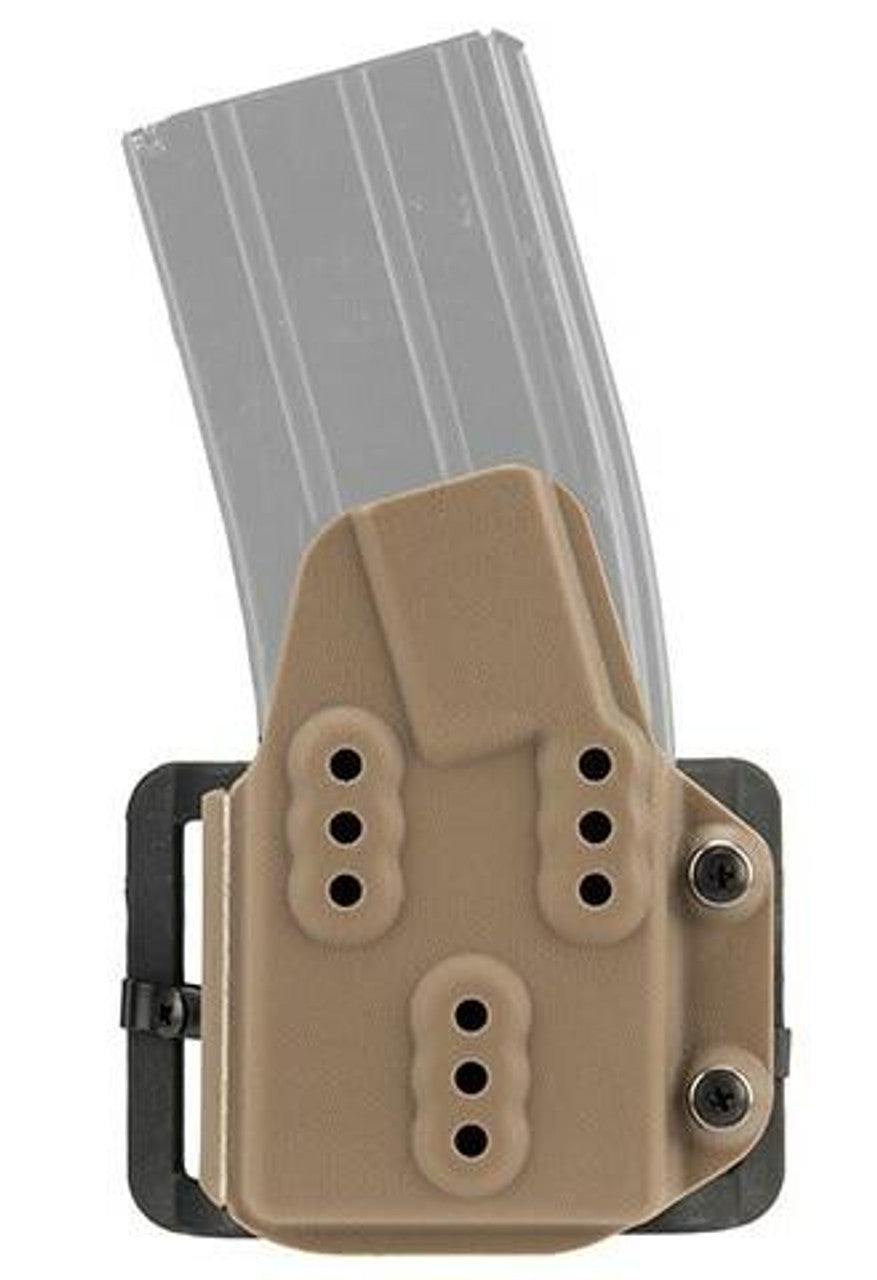 G-Force Kydex Magazine Hardshell M4 Pouch in Tan, designed to securely hold an M4 magazine, featuring durable hardshell construction and MOLLE compatibility. view with Airsoft Magazine in the pouch