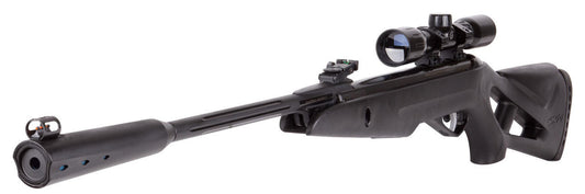 Side profile of Gamo Silent Cat .177 Cal Air Rifle showing black synthetic stock and scope mounted.