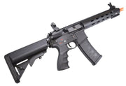 G&G GC16 Combat Machine FFR 12" AEG with right side view of stock, pistol grip, magazine, front and back sight, and the muzzle