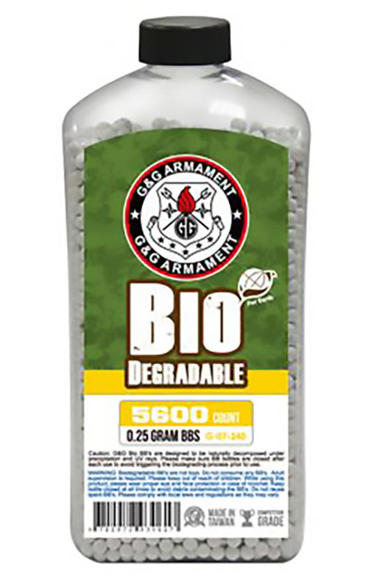 5600-count bottle of G&G Perfect 0.25g biodegradable white airsoft BBs, ideal for AEGs and outdoor use