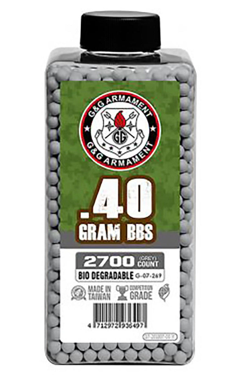 2700-count bottle of G&G Perfect 0.40g biodegradable grey airsoft BBs designed for precision and long-range sniper rifles
