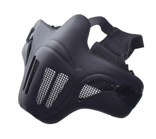 "Ghost Recon Style Steel Mesh Half Face Mask in black, designed for airsoft enthusiasts, featuring durable steel mesh, lightweight design, and fog-free ventilation.