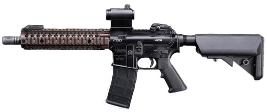 Golden Eagle 6mmProShop Daniel Defense Licensed MK18 gas blowback airsoft rifle full view, two-tone black and FDE