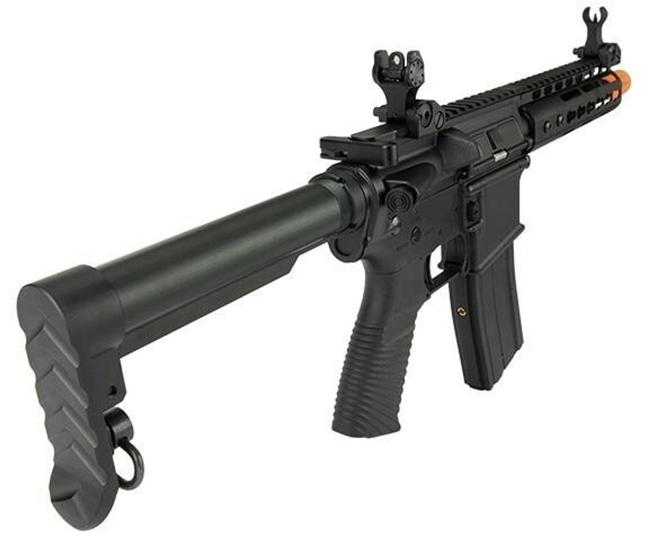 Golden Eagle Elite Series 7-inch Keymod CQB GBB Airsoft Rifle back side view showing stock, sling clip, grip, Magazine, and front plus back sight.