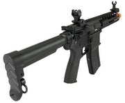 Golden Eagle Elite Series 7-inch Keymod CQB GBB Airsoft Rifle back side view showing stock, sling clip, grip, Magazine, and front plus back sight.