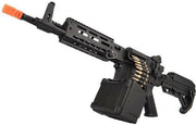 Golden Eagle MCR Short Barrel LMG Airsoft Rifle in black - muzzle and Magazine box view