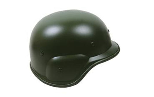 Green plastic airsoft helmet with adjustable strap for tactical protection.