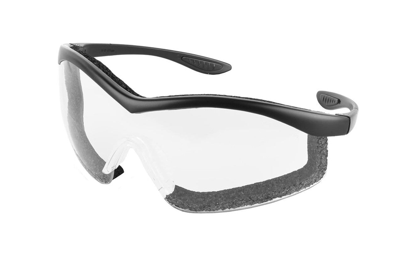 Guard Dogs Purebred Extreme Glasses with black frame and clear lenses, featuring impact-resistant design, anti-fog coating, full-seal foam lining, and adjustable retention strap for eye protection.