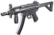H&K MP5 K-PDW airgun displaying muzzle, curved magazine, trigger, pistol grip, folding stock, and front and rear sights.