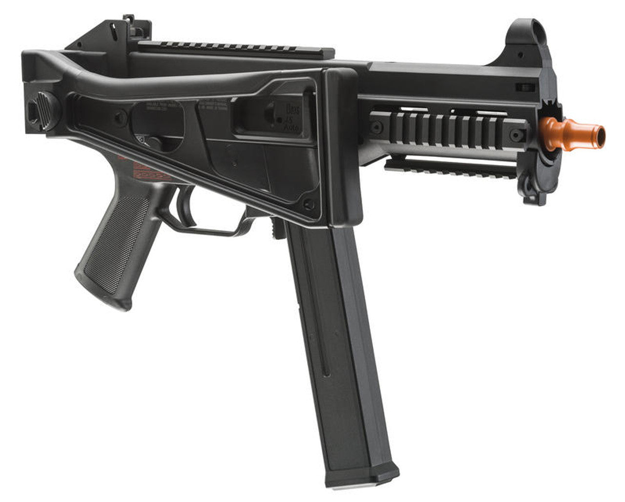 Right side profile of the UMP showing the magazine, rails, and folded stock