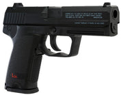 HK USP CO2-powered .177 caliber air pistol right angle view showing pistol grip with H&K logo, trigger, safety switch, and muzzle