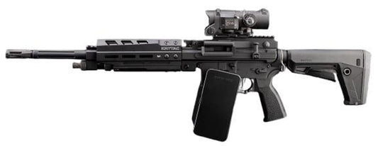 KRYTAC Trident LMG-M Enhanced M-LOK Airsoft AEG in black with box magazine side view
