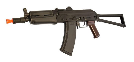 KWA AKG-74U gas blowback airsoft rifle full side profile with folding stock extended, black finish