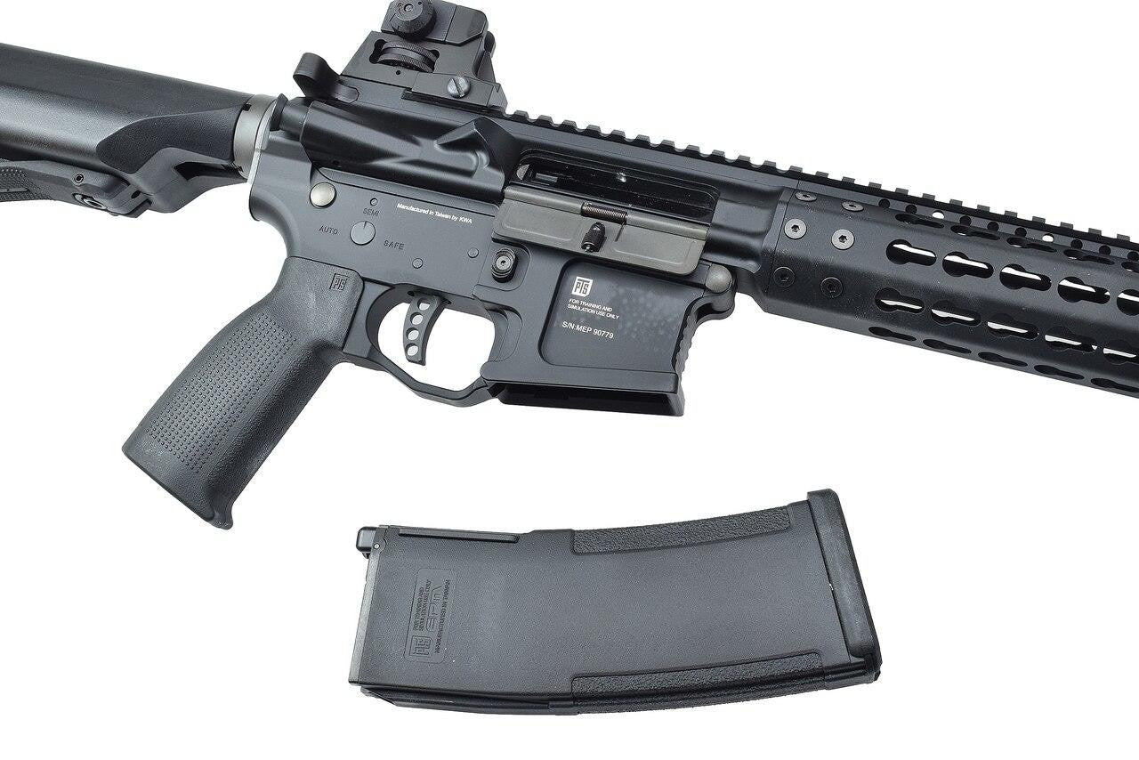 KWA PTS Mega Arms MKM AR-15 CQB Gas Airsoft Rifle, black side profile - Airsoft magazine