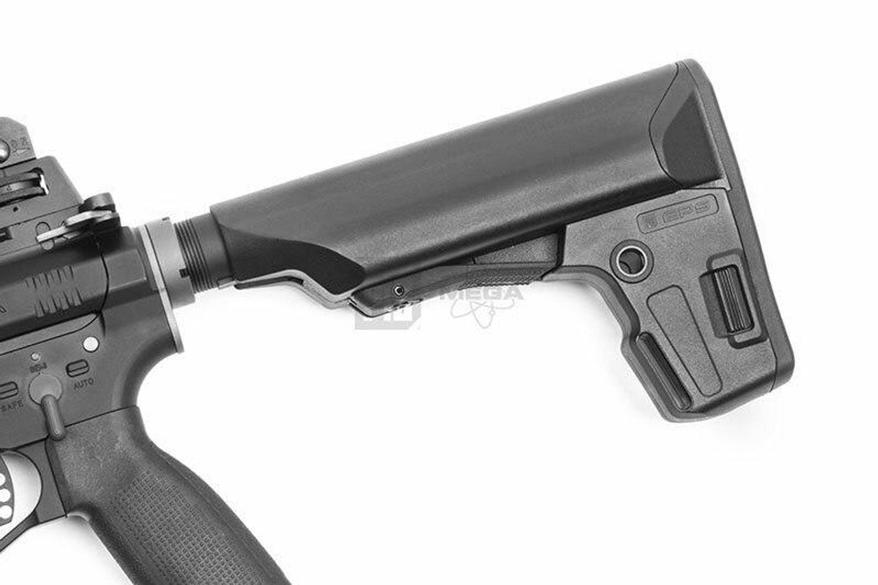KWA PTS Mega Arms MKM AR-15 CQB Gas Airsoft Rifle, black side profile - Rifle stock view