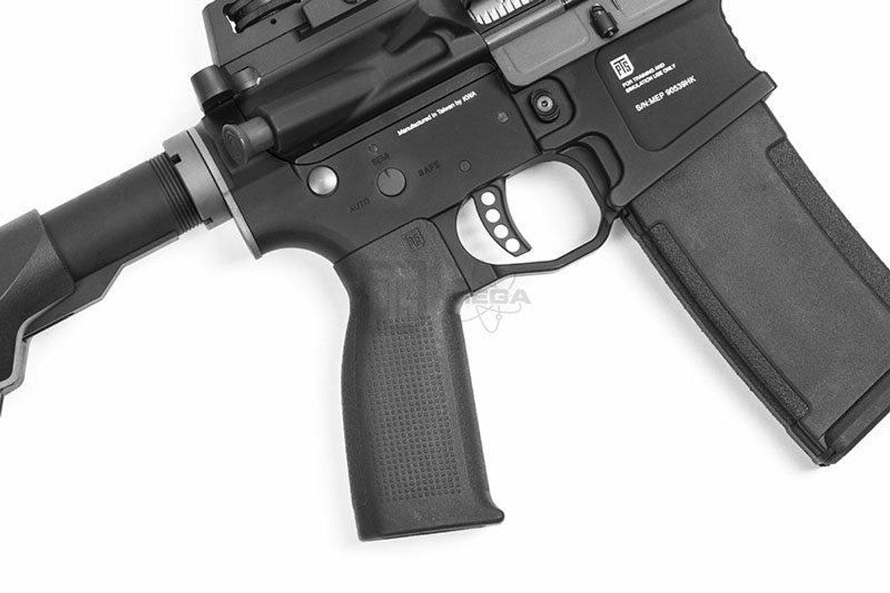 KWA PTS Mega Arms MKM AR-15 CQB Gas Airsoft Rifle, black side profile - view of stock, magazine, trigger, and mode switch