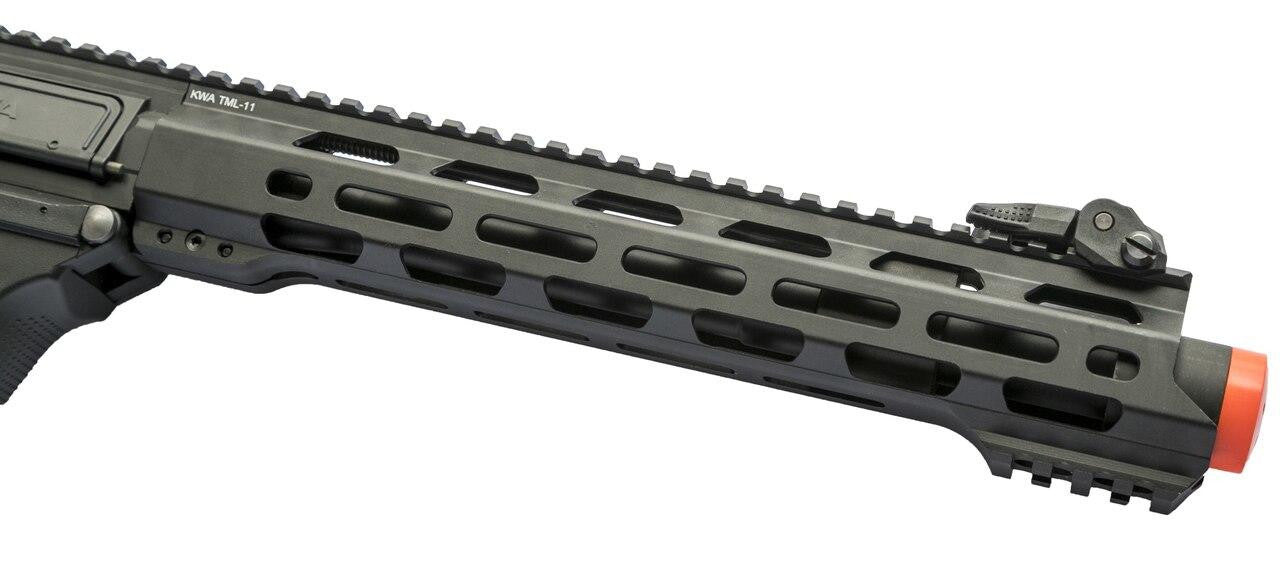 Angled view of the Ronin TK.45 if the muzzle and collapsible sight 