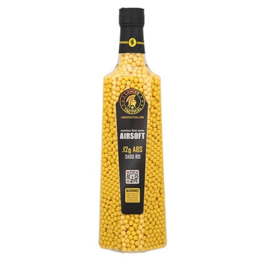 Bottle of Lancer Tactical 0.12g yellow airsoft BBs – 5,100 rounds for spring pistols and low-powered AEGs, sold by Gray Dragon Airsoft