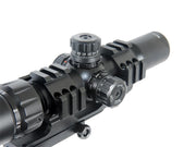 Lancer Tactical 1.5-4x Illuminated Mil-Dot Rifle Scope left side view showing horizontal and vertical adjustment dialers