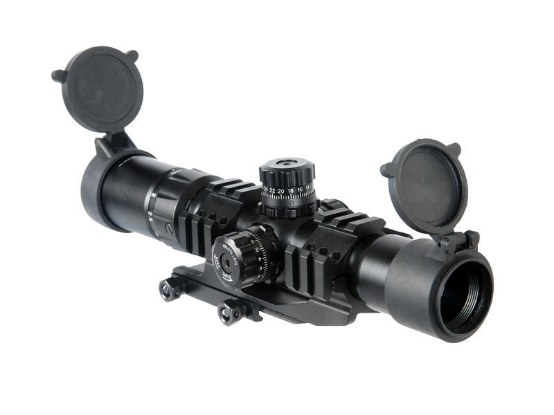 Lancer Tactical 1.5-4x Illuminated Mil-Dot Rifle Scope right angel showing back and front side