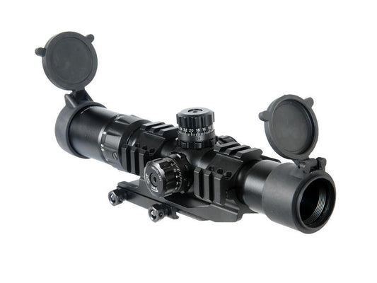 Lancer Tactical 1.5-4x Illuminated Mil-Dot Rifle Scope right angel showing back and front side
