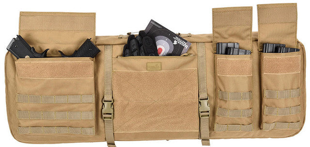 Lancer Tactical 1000D Nylon 3-Way Carry 35" Double Rifle Gun Bag Khaki - Full View with Pistols, Gloves, and Magazines