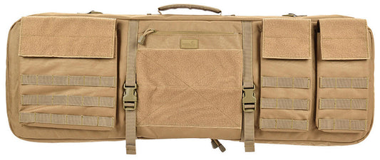 Lancer Tactical 1000D Nylon 3-Way Carry 35" Double Rifle Gun Bag Khaki _  Back Side View with Pockets and Strap