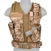 Lancer Tactical 1000D Nylon Airsoft Combat Vest Desert Digital– Front View with Pistol Holster
