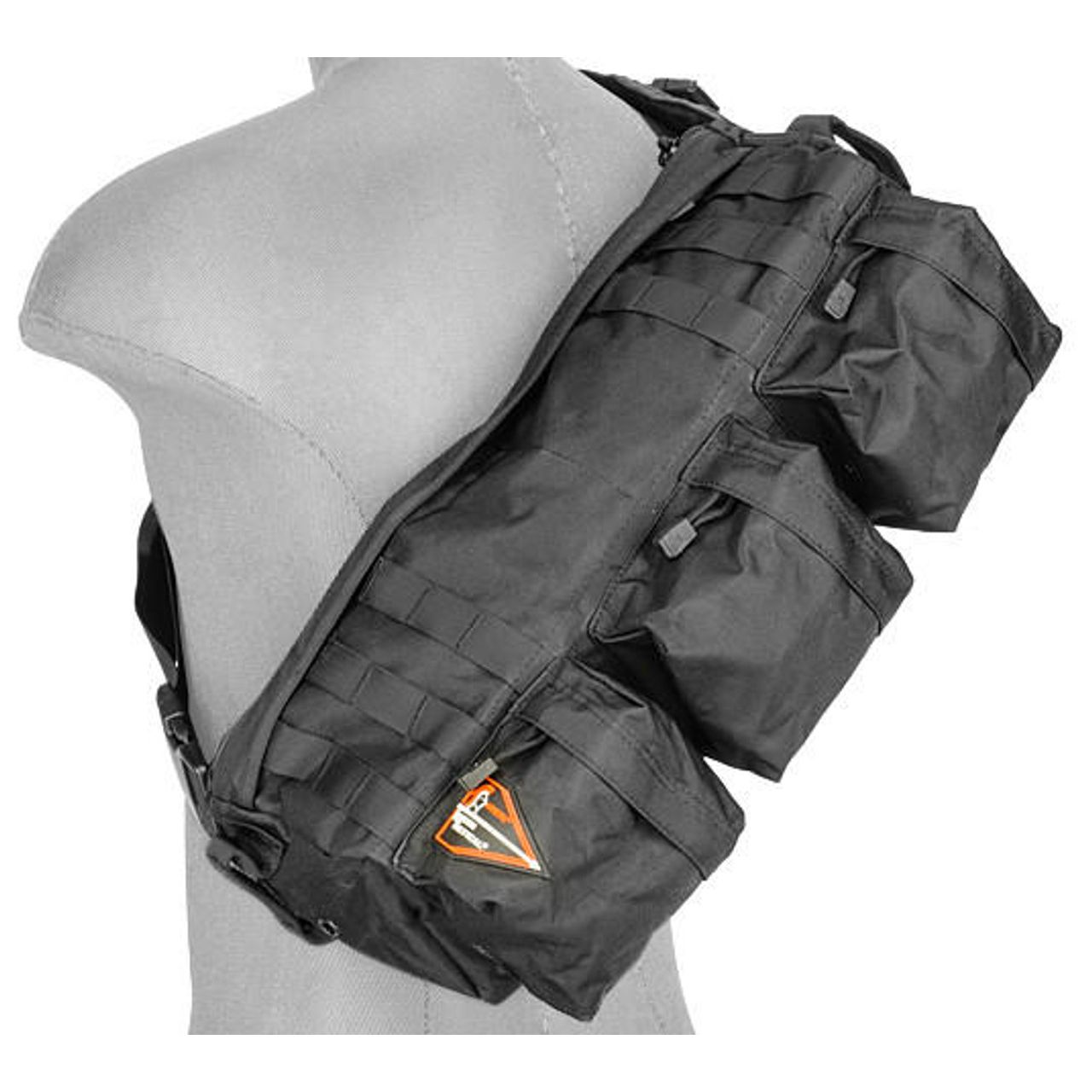 Front view of the Lancer Tactical 1000D Nylon 'Go Pack' Backpack in Black, showcasing MOLLE webbing and multiple compartments for tactical gear storage
