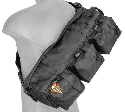 Front view of the Lancer Tactical 1000D Nylon 'Go Pack' Backpack in Black, showcasing MOLLE webbing and multiple compartments for tactical gear storage