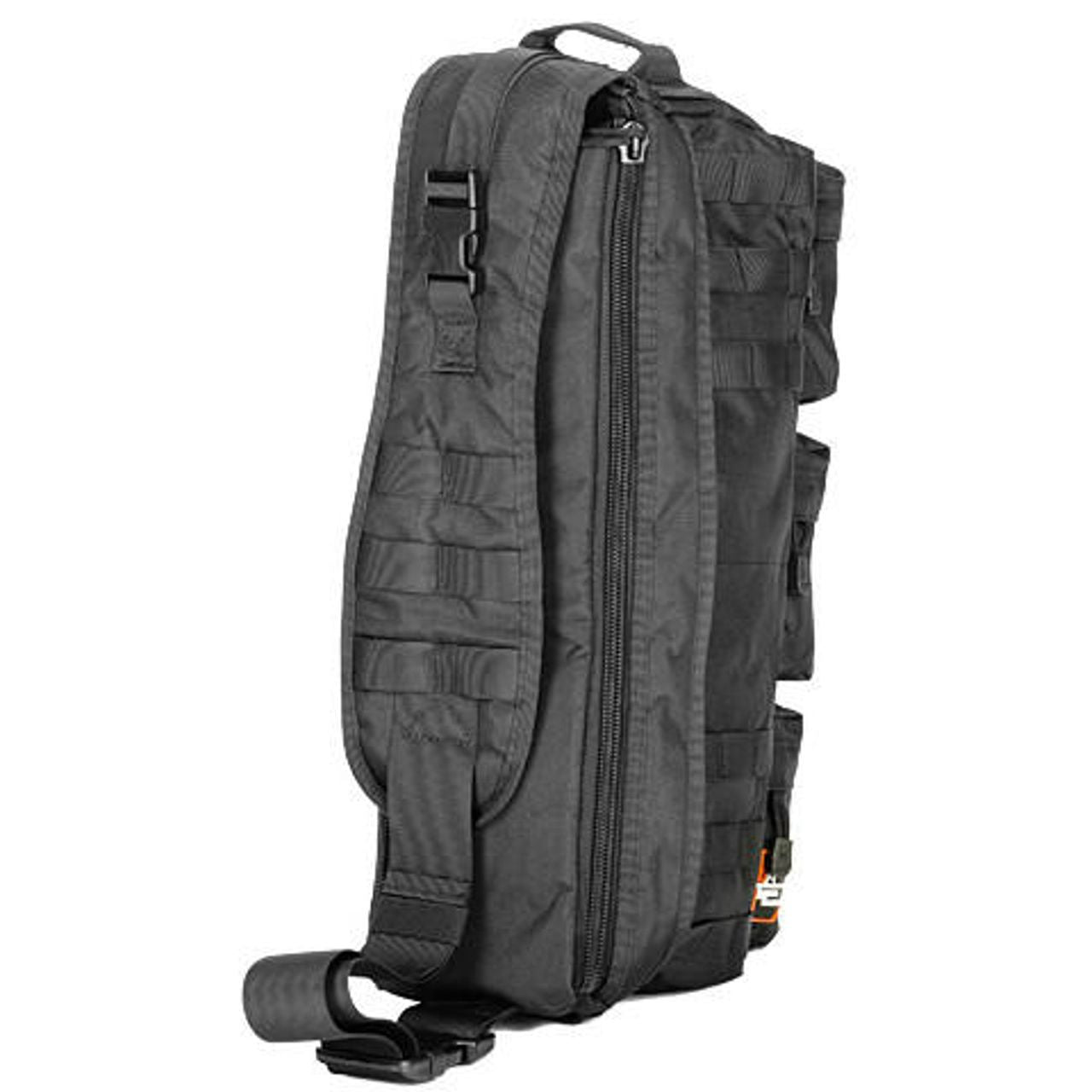 Close-up image of the Lancer Tactical 1000D Nylon 'Go Pack' Backpack's front utility pouches and MOLLE webbing for customizable gear attachment