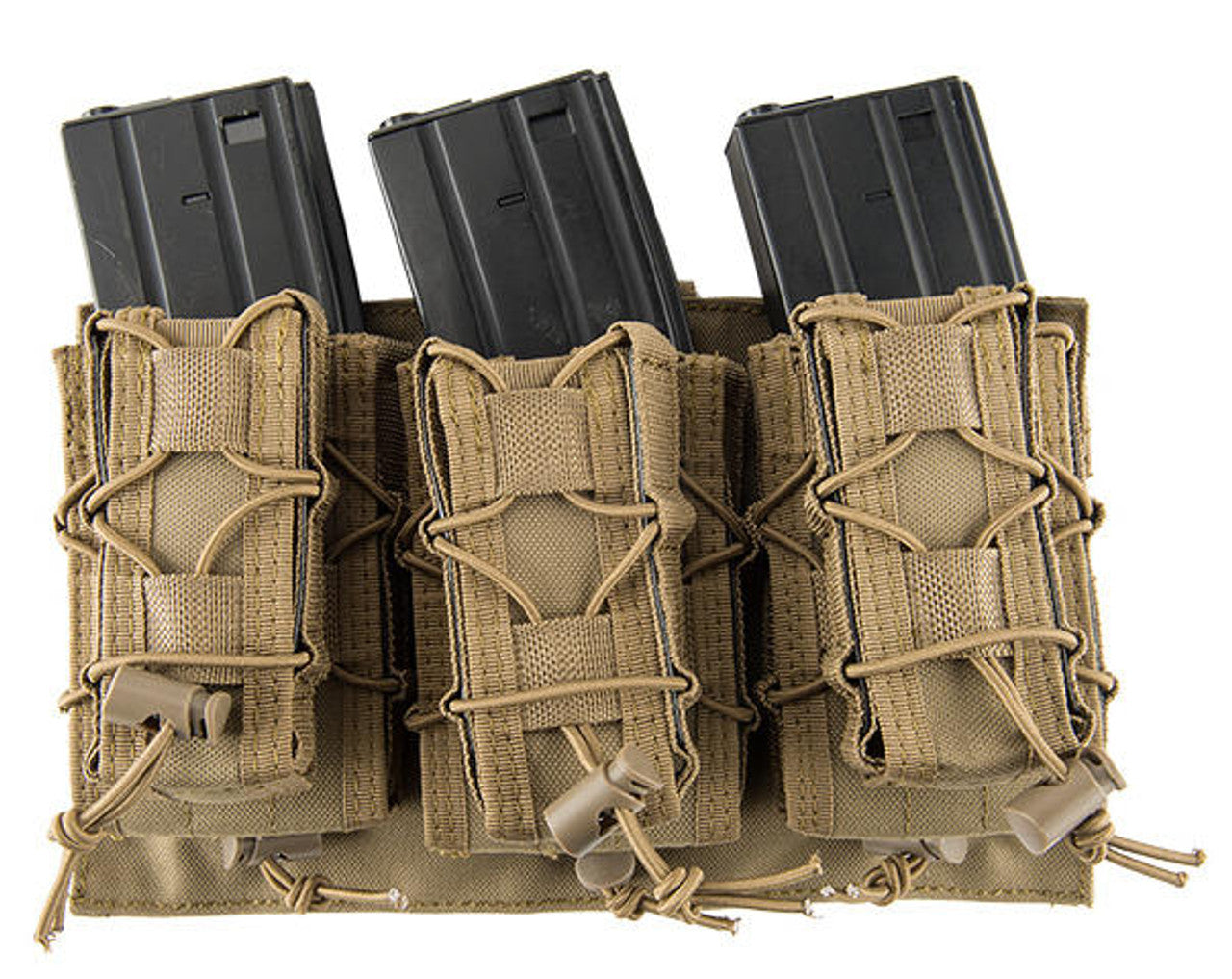 Lancer Tactical 1000D Nylon MOLLE 2-1 M4/Pistol Mag Pouch in Tan, designed to hold two M4 magazines and one pistol magazine. The pouch features bungee retention straps and is MOLLE compatible for secure attachment to tactical gear.