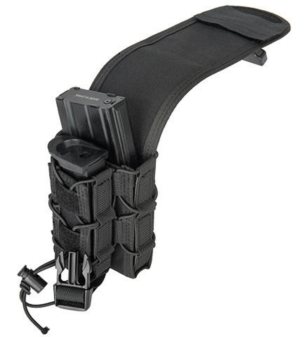 Lancer Tactical 1000D Nylon QD Buckle Pistol/Rifle Mag Pouch in Black, designed to hold both pistol and rifle magazines, featuring durable 1000D nylon construction, adjustable bungee retention, QD buckle, and MOLLE compatibility for secure attachment to tactical gear.