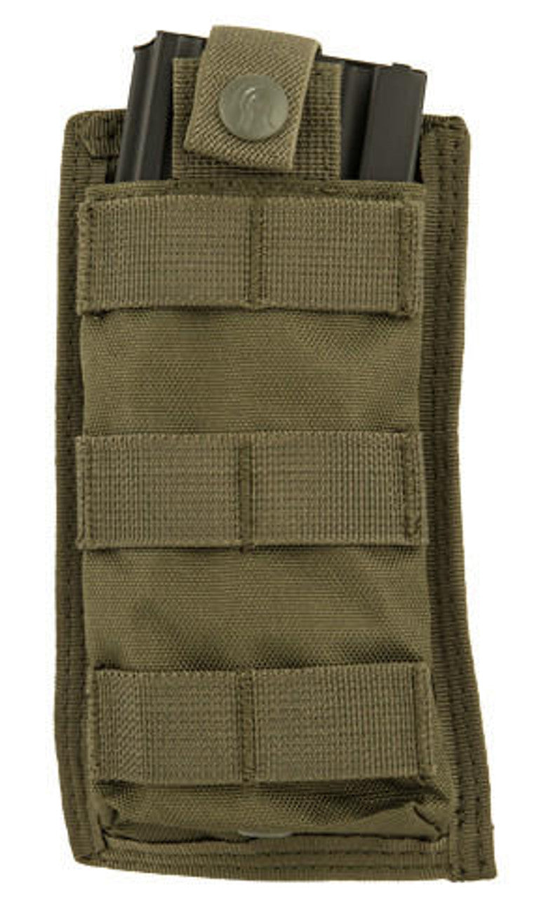 "Lancer Tactical 1000D Nylon Single MOLLE Pouch in OD (Olive Drab), designed to hold a single magazine, featuring durable 1000D nylon construction and MOLLE compatibility for secure attachment to tactical gear