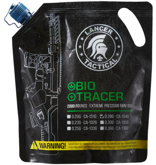 2000-round bottle of Lancer Tactical 0.28g biodegradable green tracer airsoft BBs, compatible with tracer units for night gameplay
