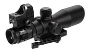 Left angel view of Lancer Tactical 3-9x42 Hybrid Rifle Scope with Backup Micro Red Dot Sight and QD Mount - Matte Black and the adjustment dials