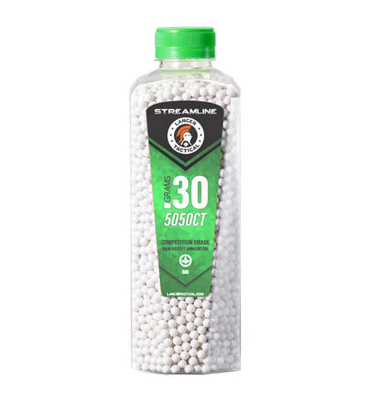 5050-round bottle of Lancer Tactical 0.30g biodegradable white airsoft BBs, perfect for AEGs and eco-conscious players