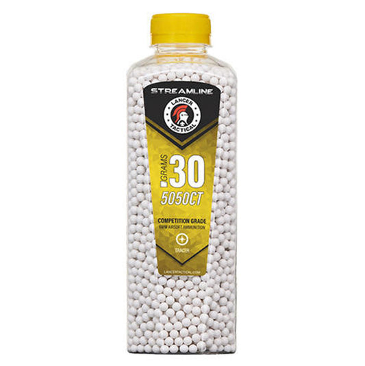 Lancer Tactical 0.30g Streamline Tracer Airsoft BBs, 5050 rounds in a bottle, green tracer glow, high-precision BBs for night games.