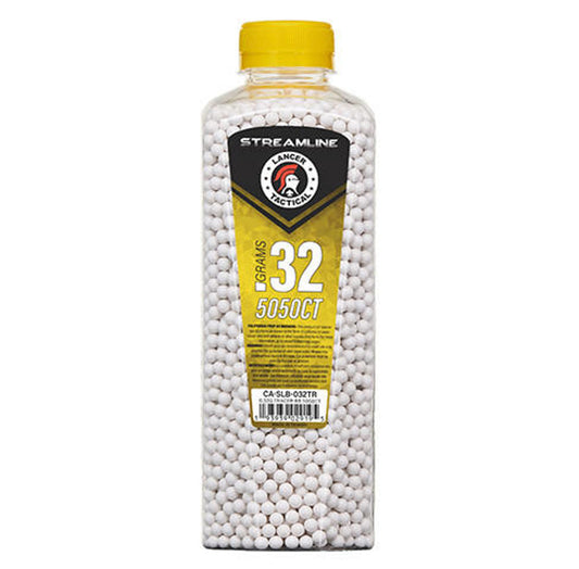 Lancer Tactical 5050 round 0.32g green tracer BBs in bottle, seamless airsoft ammo for night games.