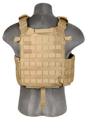 Lancer Tactical 69T4 1000D Nylon Tactical Vest in Tan, featuring MOLLE webbing for customizable gear attachments, designed to fit medium 9" x 12" plates, and compatible with Ac-245b EVA foam plates for added protection - Back Side View of the Tactical Vest with Shoulder Straps