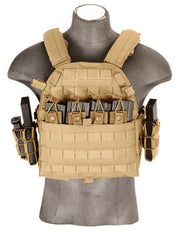 Lancer Tactical 69T4 1000D Nylon Tactical Vest in Tan, featuring MOLLE webbing for customizable gear attachments, designed to fit medium 9" x 12" plates, and compatible with Ac-245b EVA foam plates for added protection - Front Side View of the Tactical Vest with Airsoft Magazines in the Front Pouch and Additional Magazine attached pouches on the left and Right side