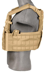 Lancer Tactical 69T4 1000D Nylon Tactical Vest in Tan, featuring MOLLE webbing for customizable gear attachments, designed to fit medium 9" x 12" plates, and compatible with Ac-245b EVA foam plates for added protection - Left Side View of the Tactical Airsoft Vest